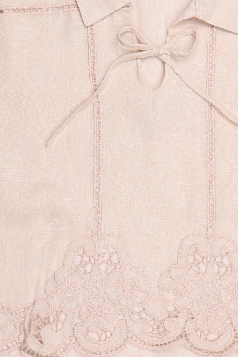 Women Tie Neckline Long Sleeve Embroidered Blouse, Beige