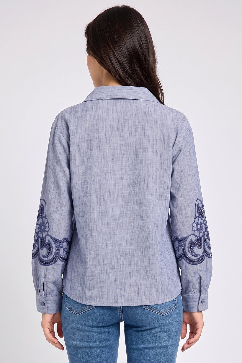 Women Spread Collar Long Sleeve Embroidered Shirt, Heather Blue