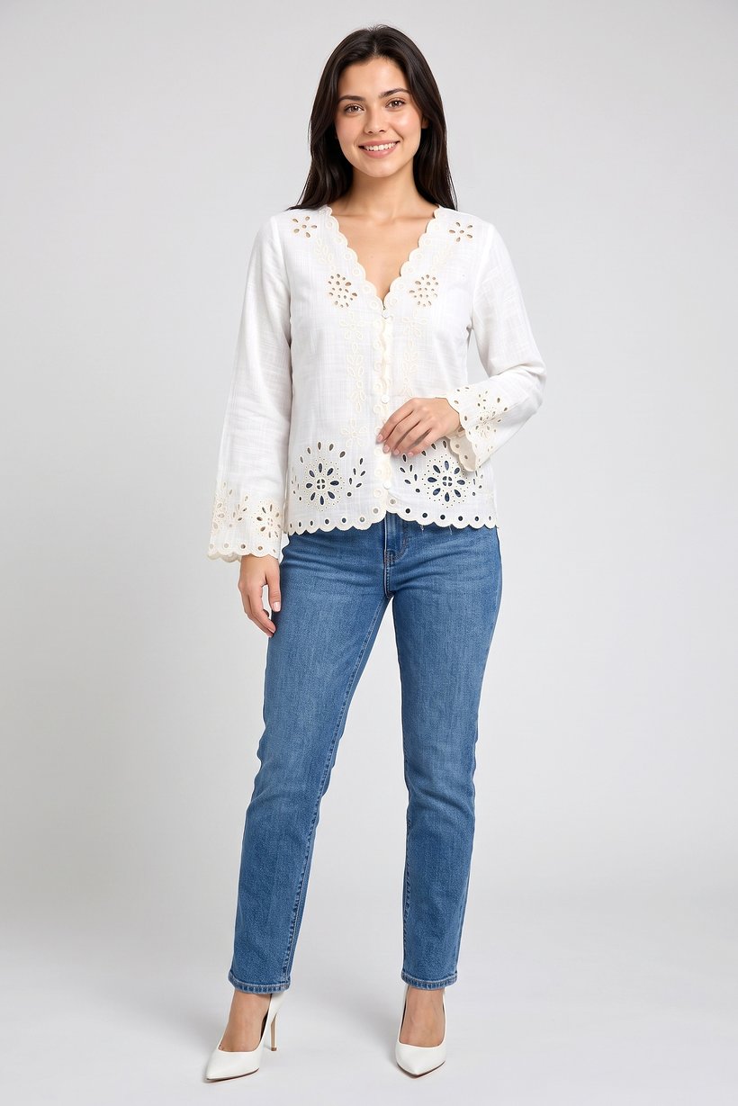 Women V-Neck Long Sleeve Embroidered Blouse, White