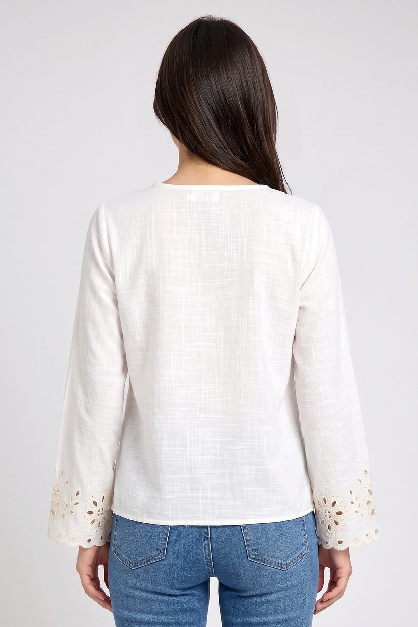 Women V-Neck Long Sleeve Embroidered Blouse, White