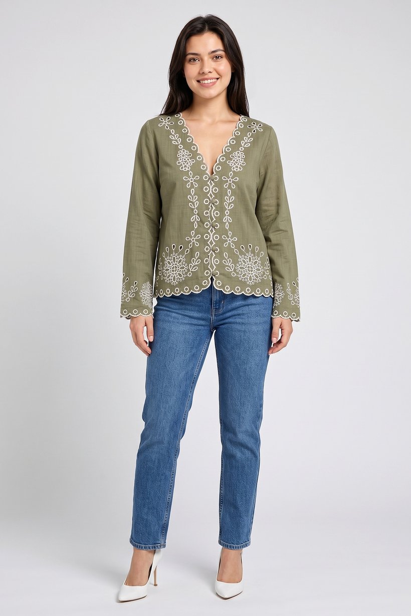 Women V-Neck Embroidered Long Sleeve Blouse, Olive