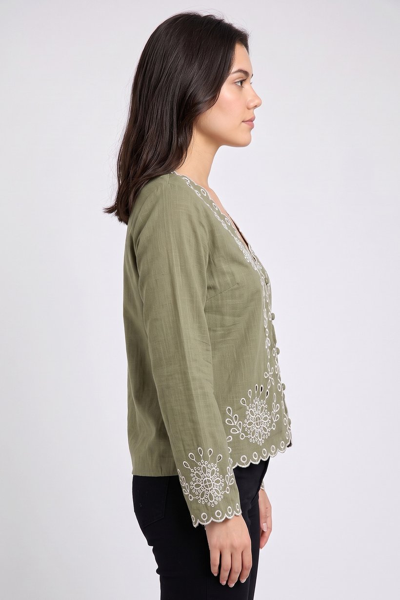 Women V-Neck Embroidered Long Sleeve Blouse, Olive