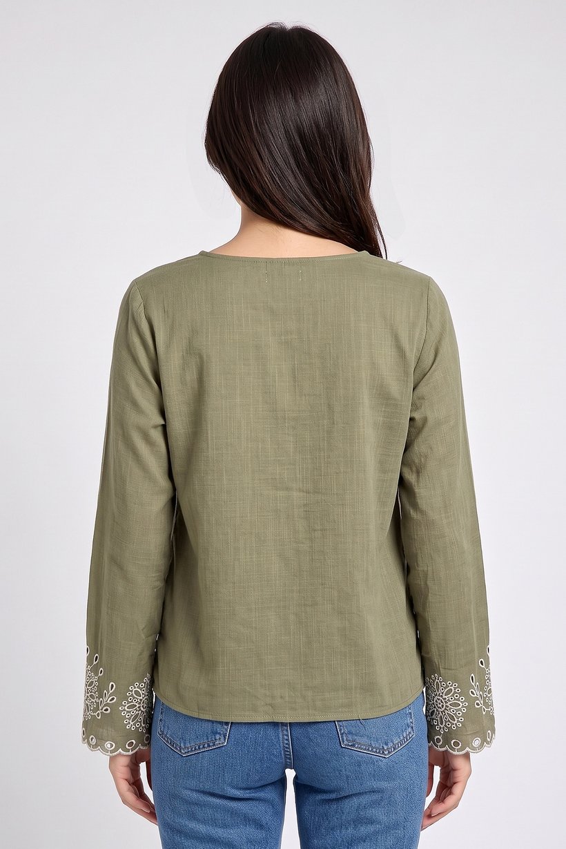Women V-Neck Embroidered Long Sleeve Blouse, Olive