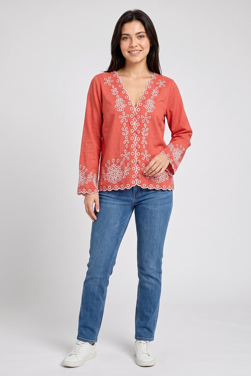 Women V-Neck Long Sleeve Embroidered Top, Brown