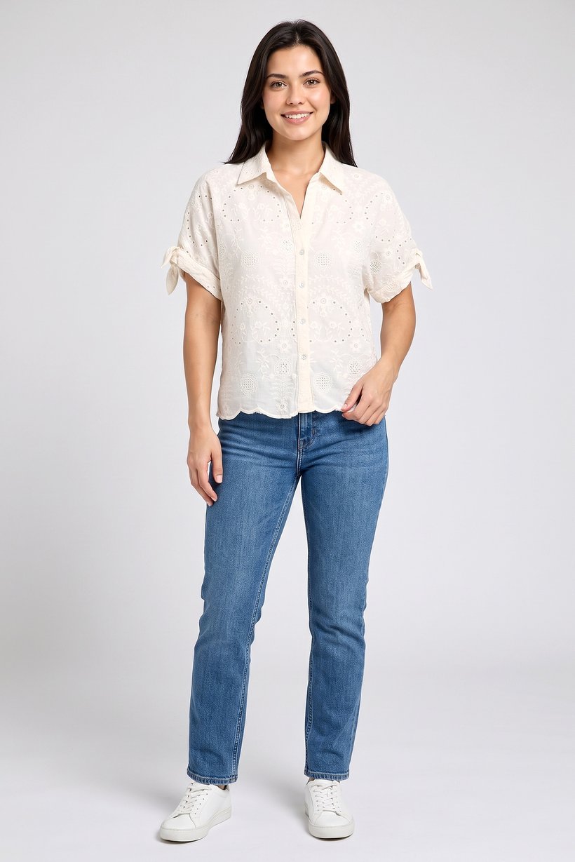 Women Regular Fit Eyelet Short Sleeve Shirt, Cream