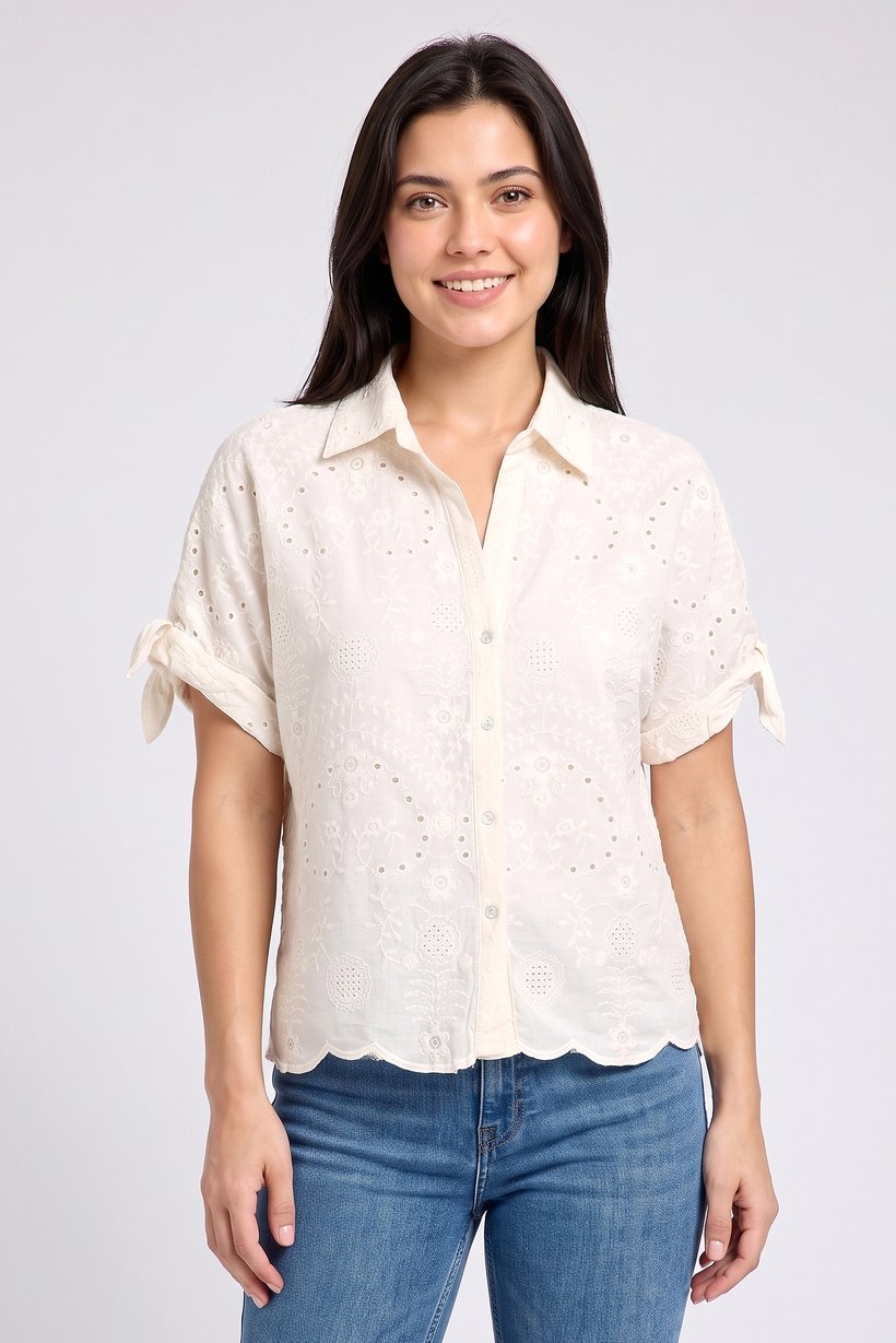 Women Regular Fit Eyelet Short Sleeve Shirt, Cream