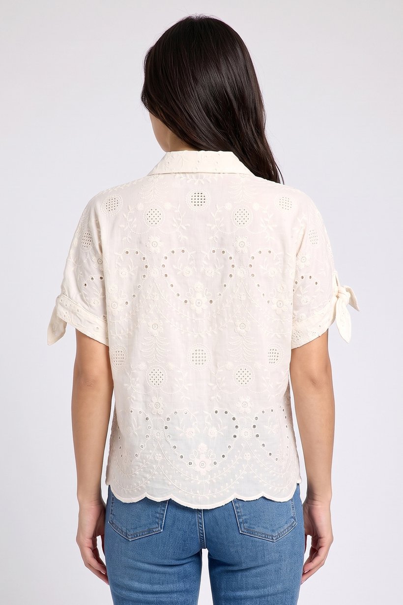 Women Regular Fit Eyelet Short Sleeve Shirt, Cream