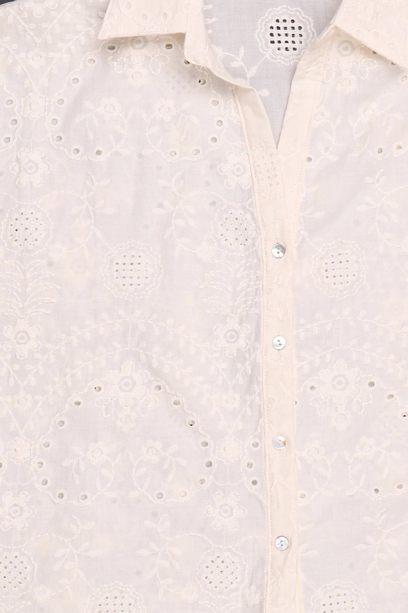 Women Regular Fit Eyelet Short Sleeve Shirt, Cream