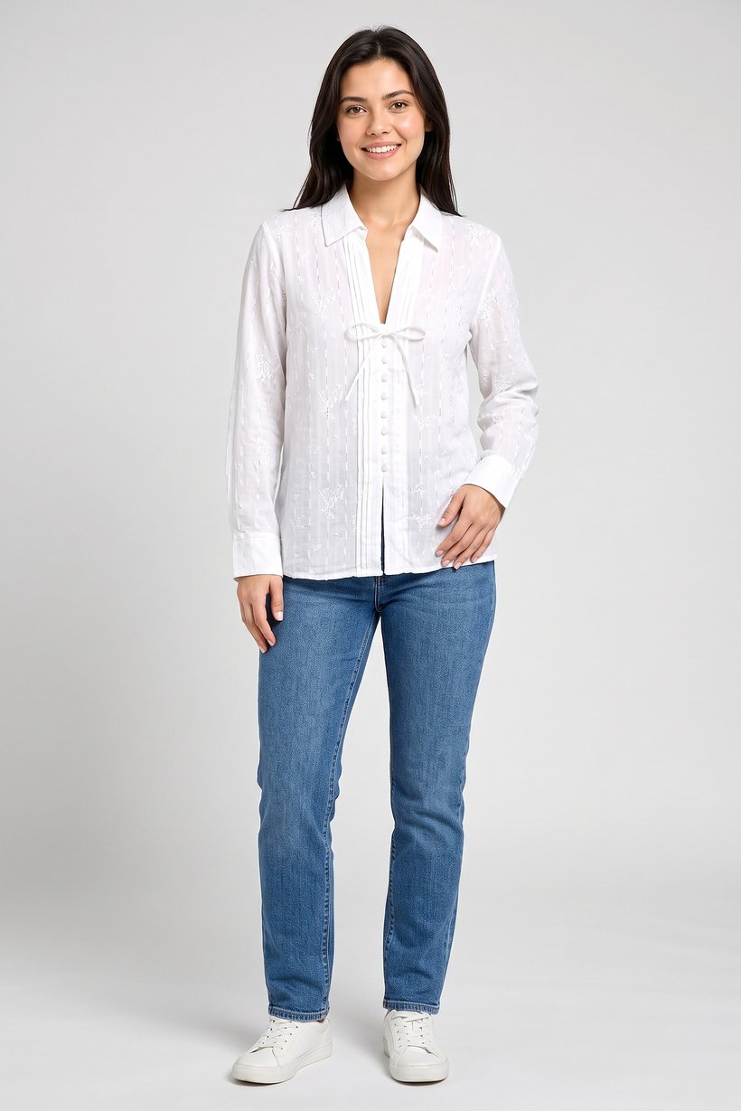 Women Spread Neck Long Sleeve Embroidered Blouse, White