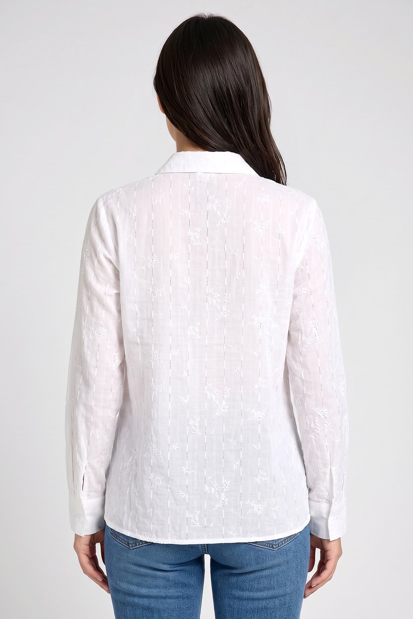 Women Spread Neck Long Sleeve Embroidered Blouse, White