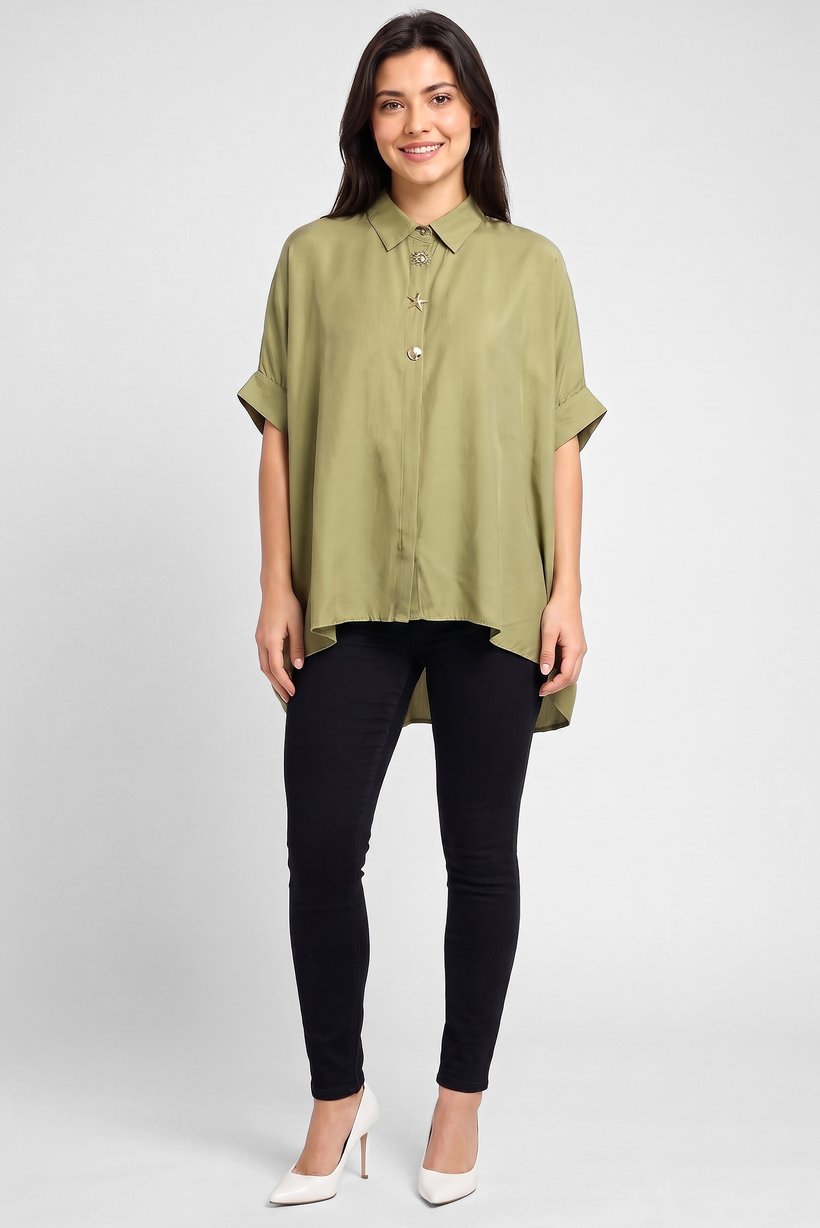 Women Spread Collar Solid Long Sleeve Shirt, Olive