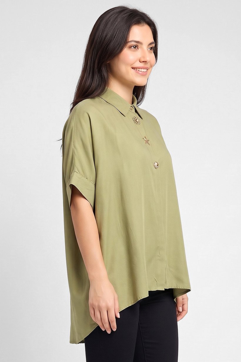 Women Spread Collar Solid Long Sleeve Shirt, Olive