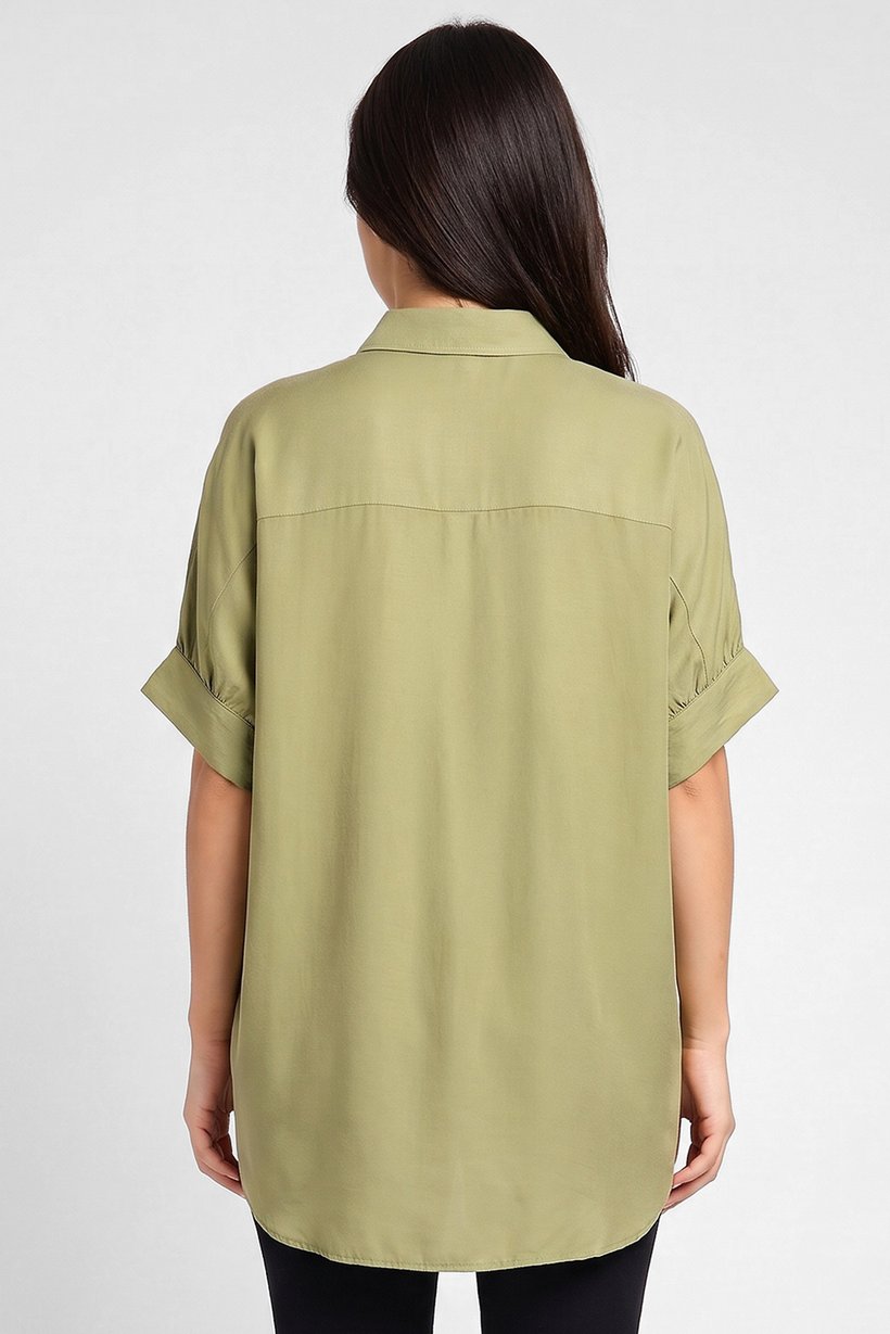 Women Spread Collar Solid Long Sleeve Shirt, Olive