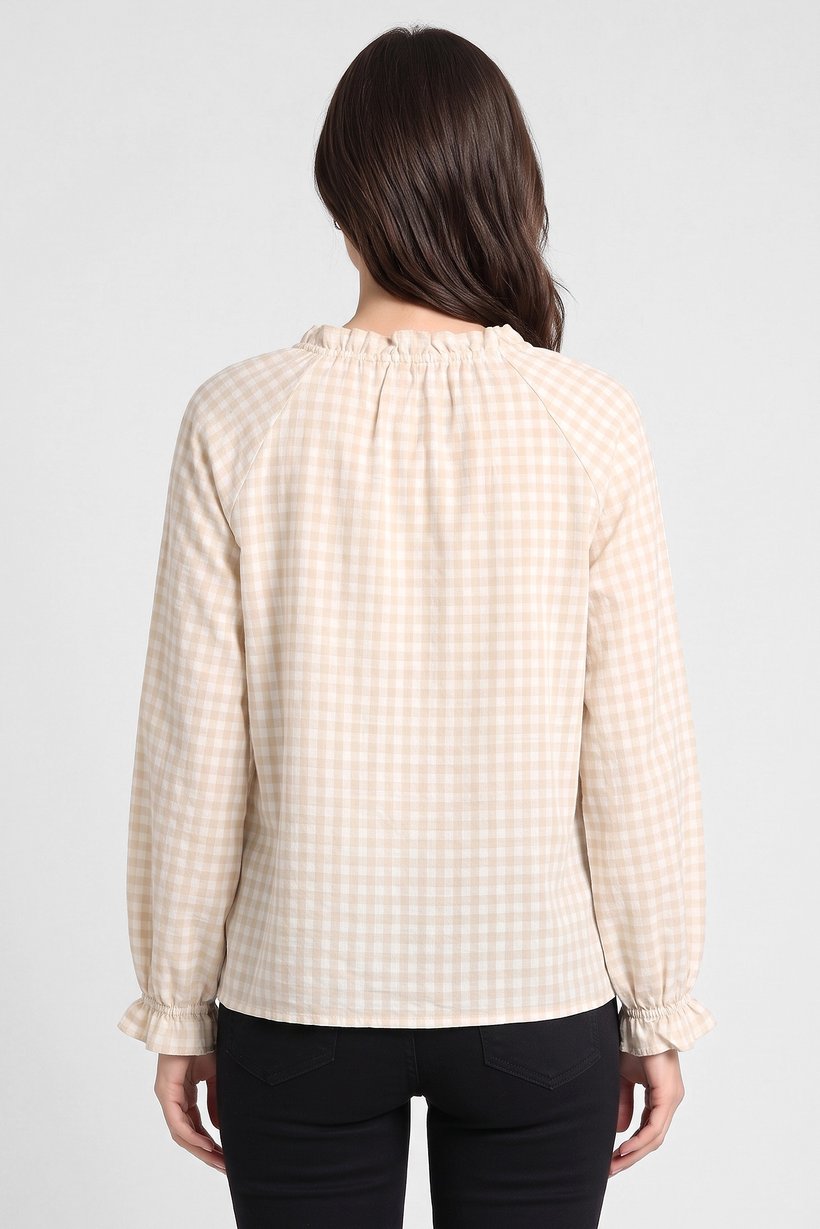 Women V-Neck Long Sleeve Checkered Shirt, Multicolor