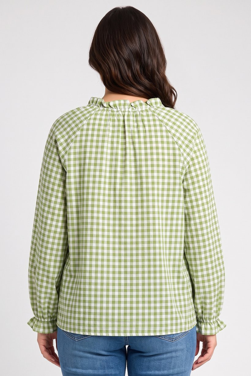 Women V-Neck Long Sleeve Gingham Print Blouse, Multicolor