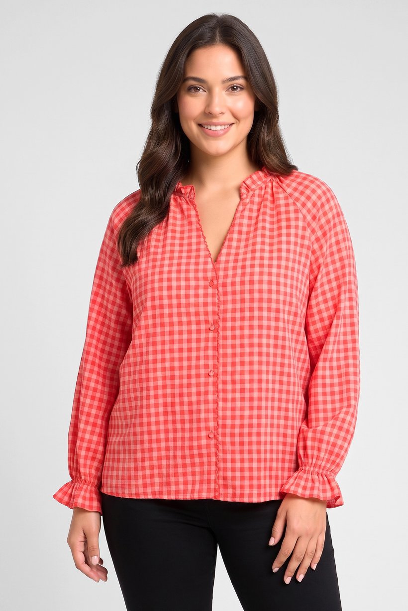 Women V-Neck Long Sleeve Plaid Shirt, Multicolor