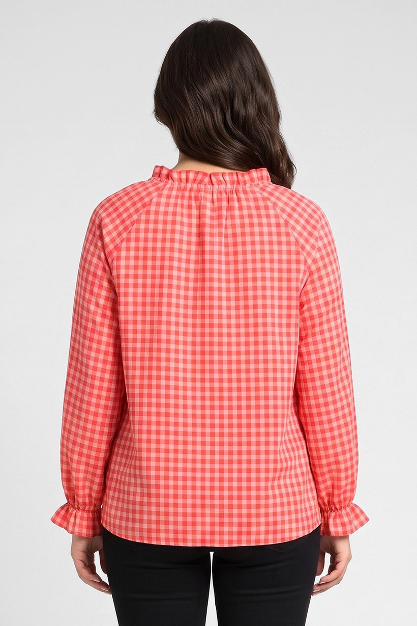 Women V-Neck Long Sleeve Plaid Shirt, Multicolor