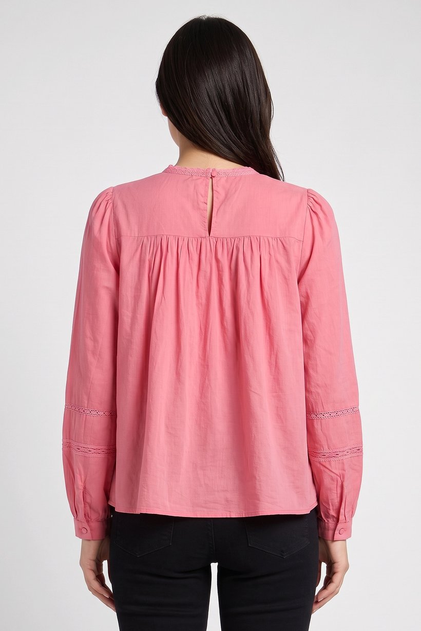 Women Crew Neck Long Sleeve Textured Top, Pink