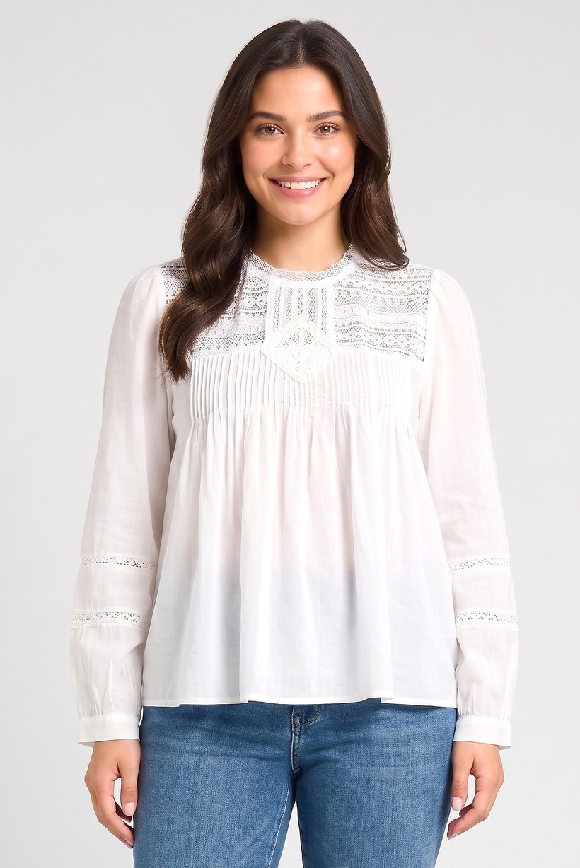 Women Crew Neck Long Sleeve Textured Blouse, White