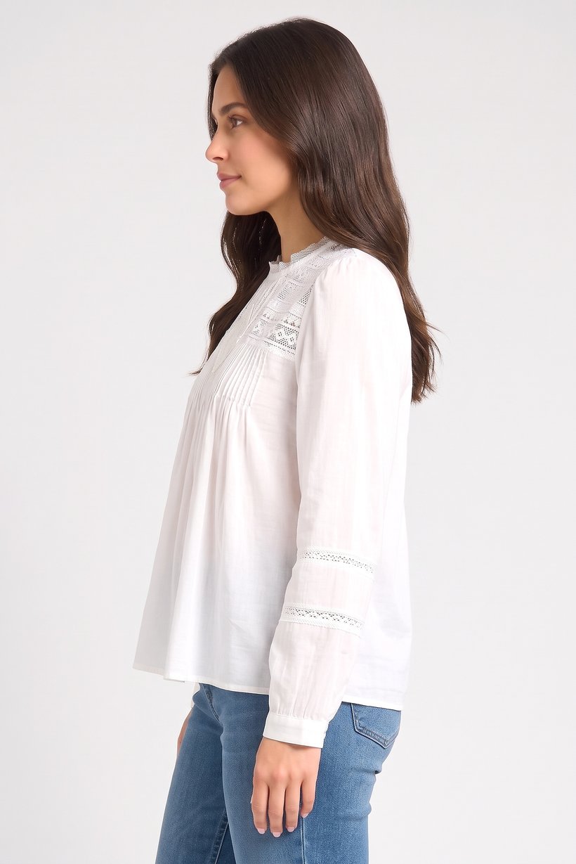 Women Crew Neck Long Sleeve Textured Blouse, White