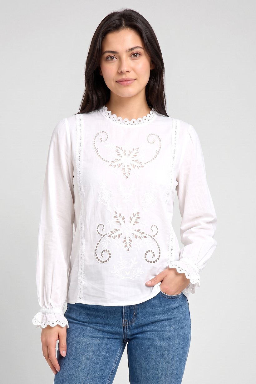 Women Ruffle Neck Long Sleeve Eyelet Blouse, White