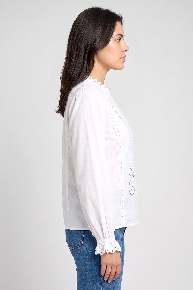 Women Ruffle Neck Long Sleeve Eyelet Blouse, White