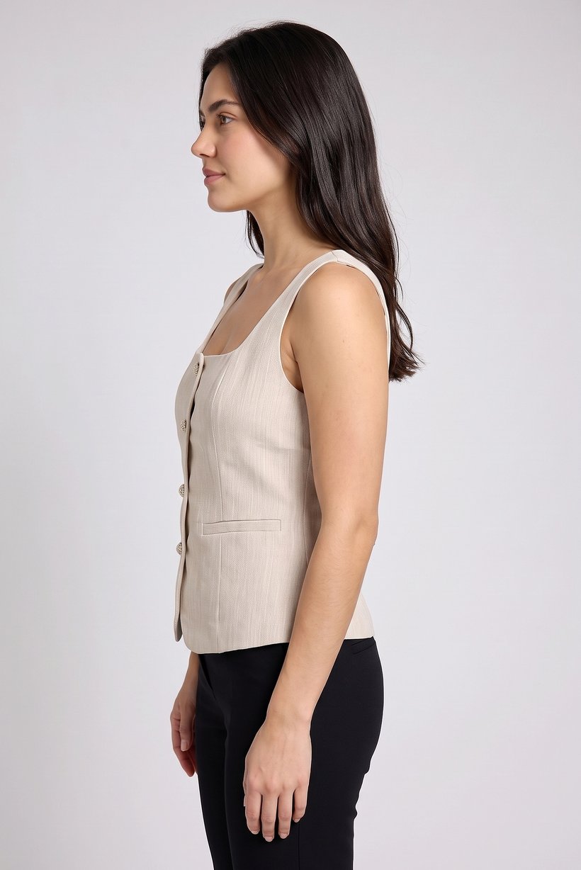 Women Square Neck Sleeveless Micro Stripe Tank Top, Beige