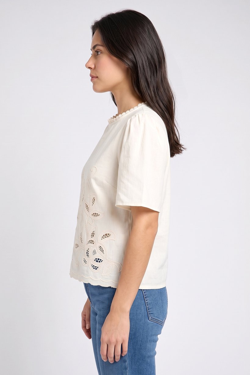 Women Round Neck Embroidered Short Sleeve Top, Cream