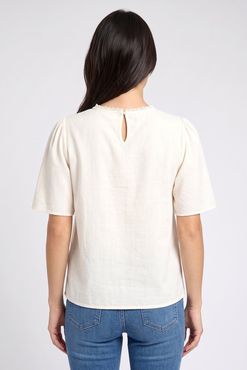 Women Round Neck Embroidered Short Sleeve Top, Cream