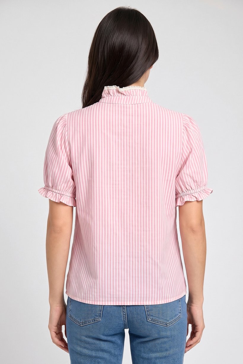 Women Mock Neck Short Sleeve Stripe Blouse, Multicolor