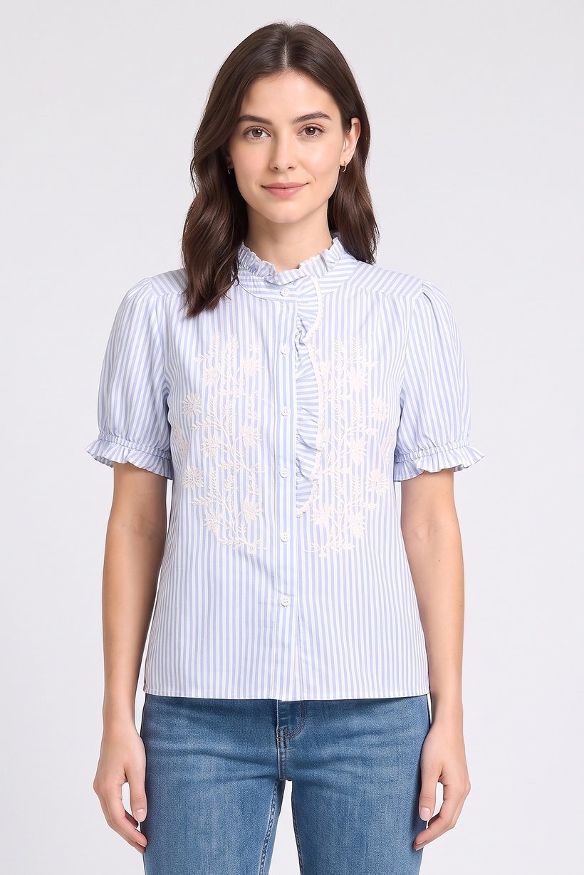 Women Band Collar Short Sleeve Embroidered Blouse,Multicolor