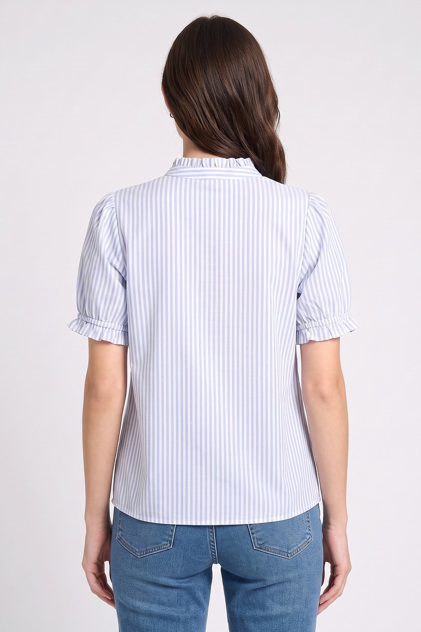 Women Band Collar Short Sleeve Embroidered Blouse,Multicolor