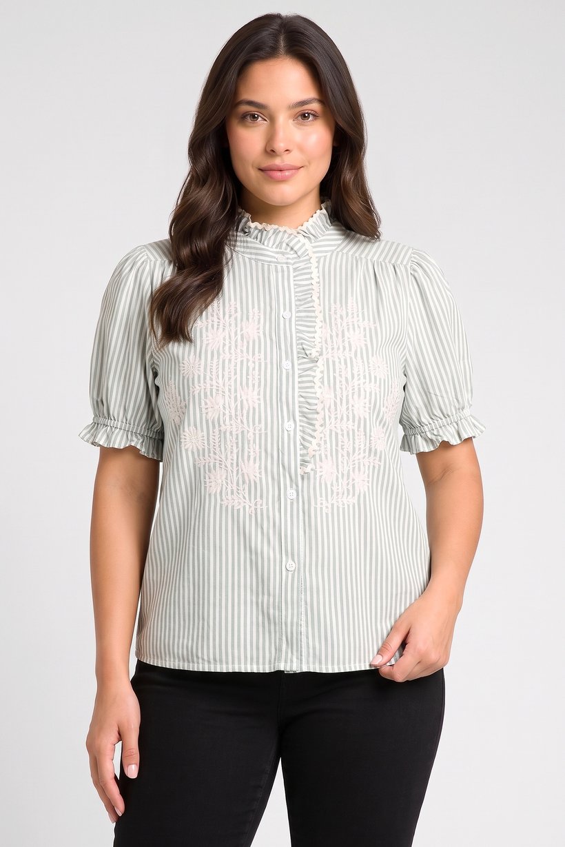 Women Ruffle Neck Balloon Sleeve Stripe Shirt, Multicolor