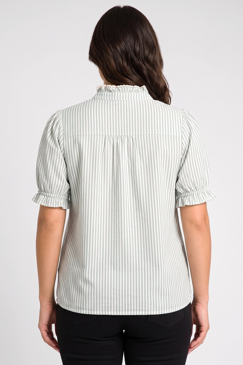 Women Ruffle Neck Balloon Sleeve Stripe Shirt, Multicolor