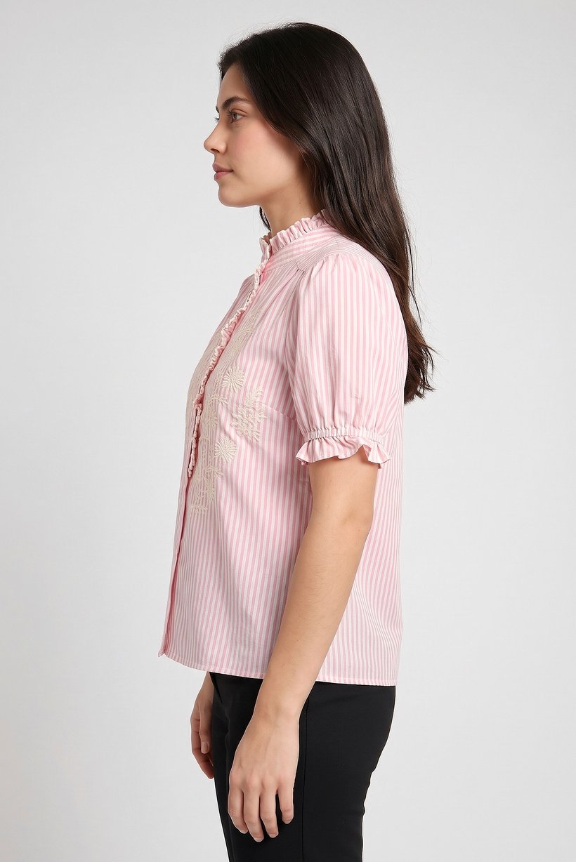 Women Ruffle Collar Short Sleeve Stripe Blouse, Multicolor