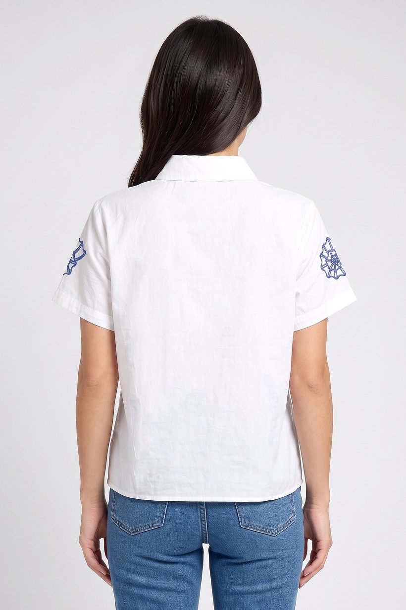 Women Spread Collar Short Sleeve Embroidered Shirt, White