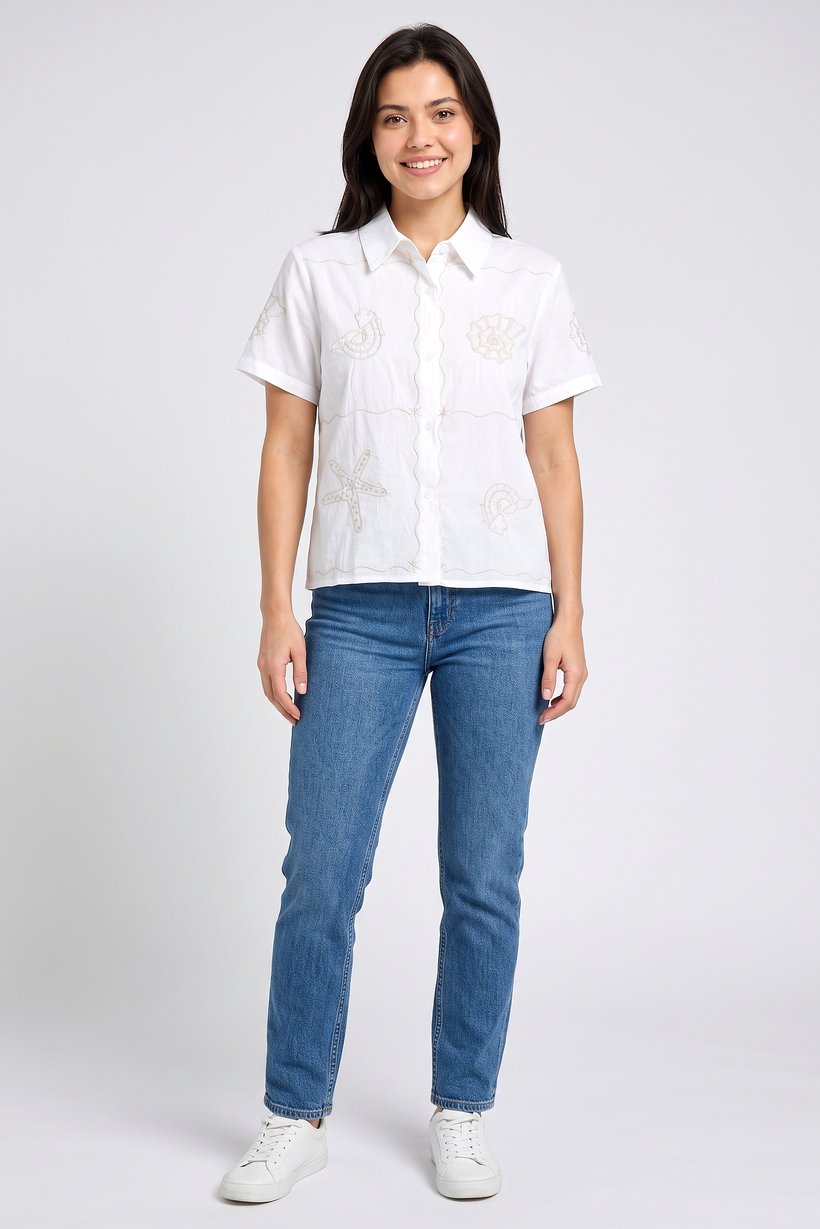Women Spread Collar Short Sleeve Embroidered Shirt, White