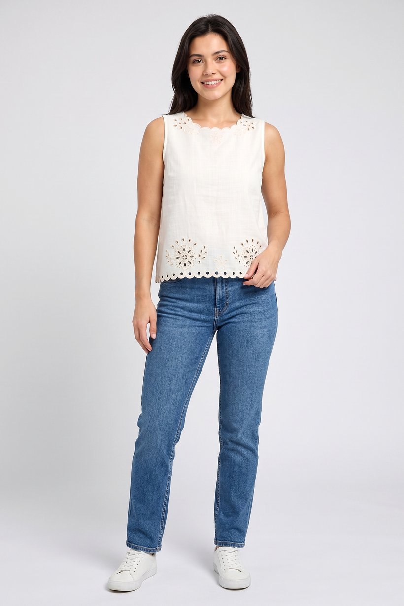 Women Round Neck Sleeveless Embroidered Tops, Cream
