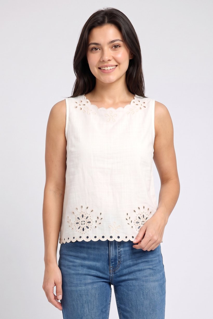 Women Round Neck Sleeveless Embroidered Tops, Cream