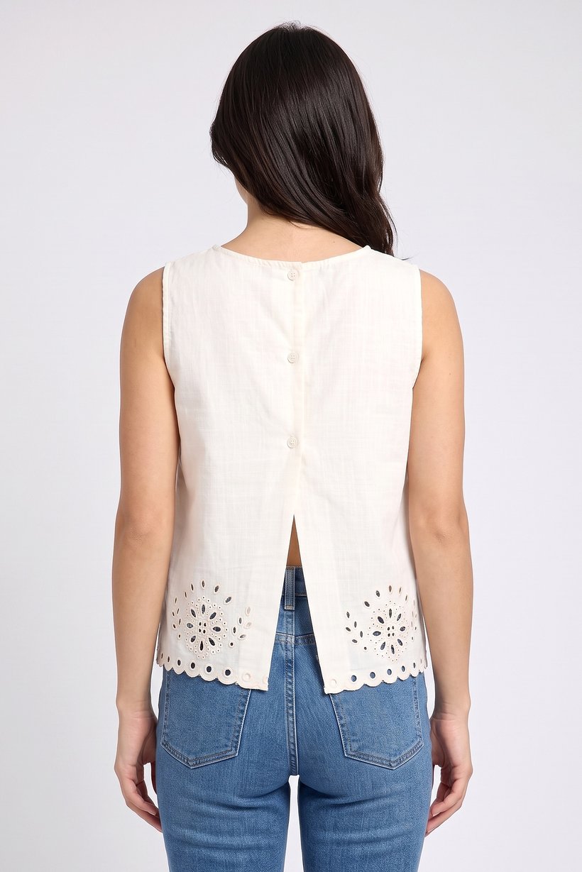 Women Round Neck Sleeveless Embroidered Tops, Cream