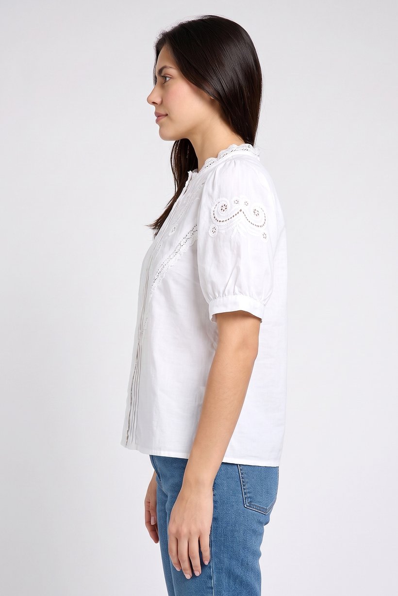 Women Round Neck Short Sleeve Embroidered Top, White