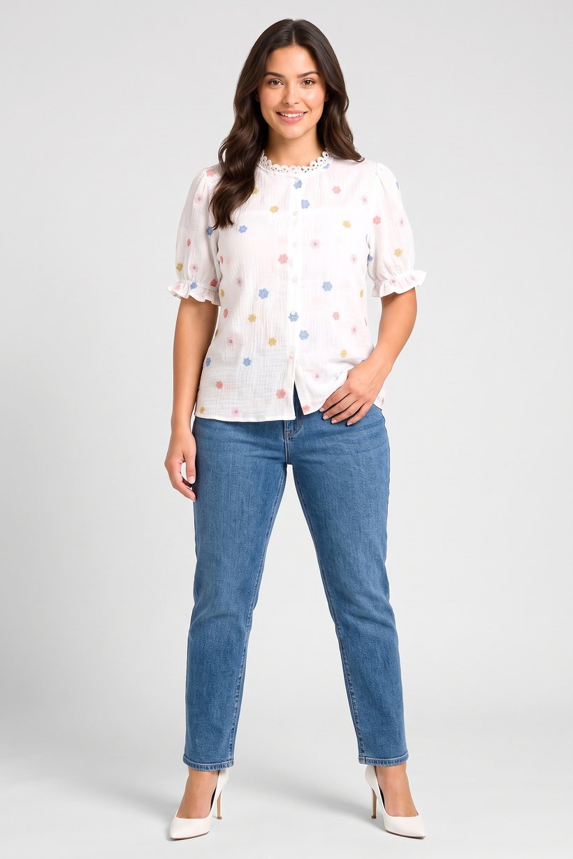 Women Crew Neck Short Sleeves Embroidered Blouse,Multicolor