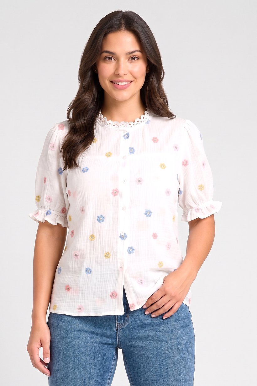 Women Crew Neck Short Sleeves Embroidered Blouse,Multicolor