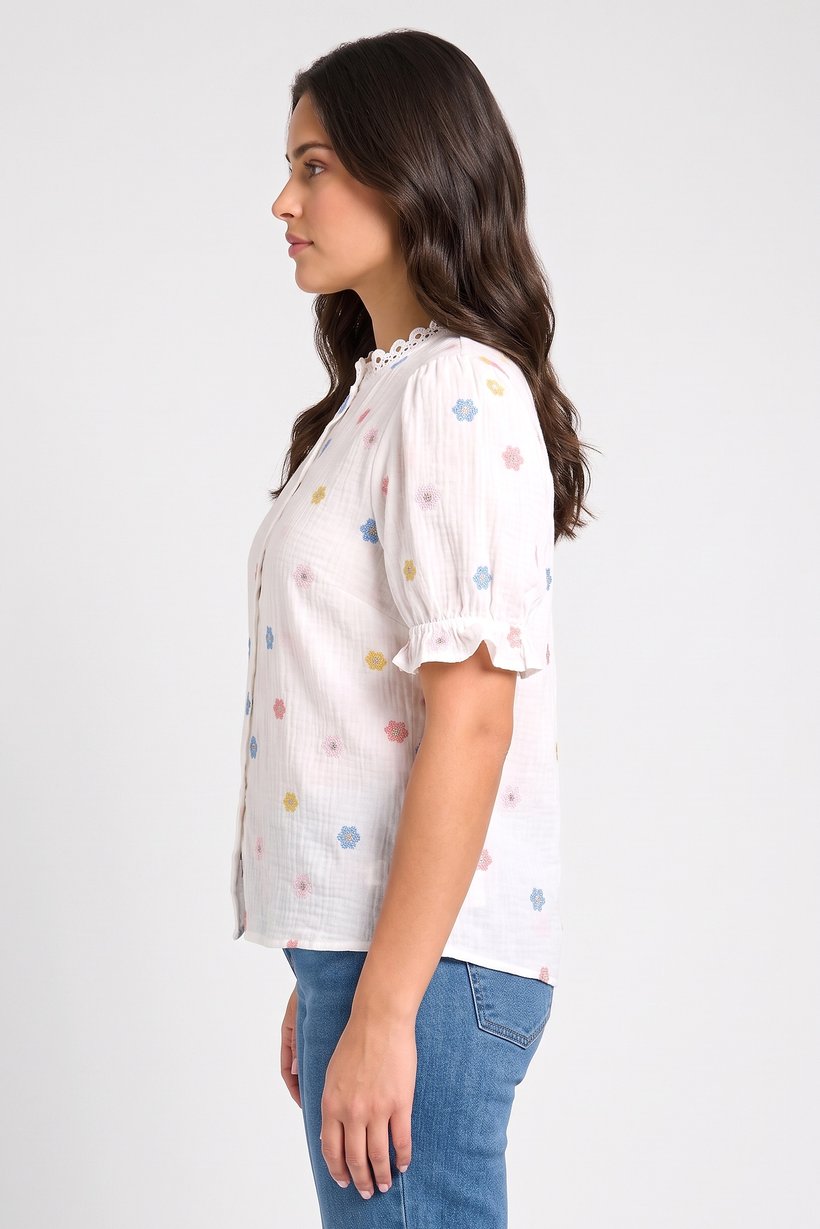 Women Crew Neck Short Sleeves Embroidered Blouse,Multicolor