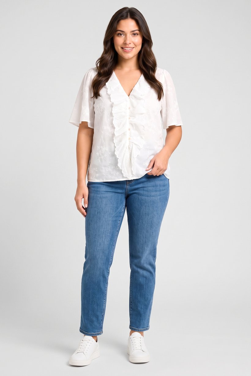 Women V-Neck Embroidered Short Sleeve Blouse, White