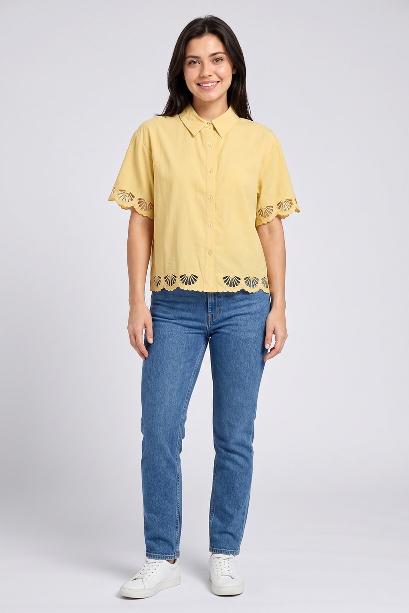 Women Spread Collar Short Sleeve Embroidered Blouse, Yellow