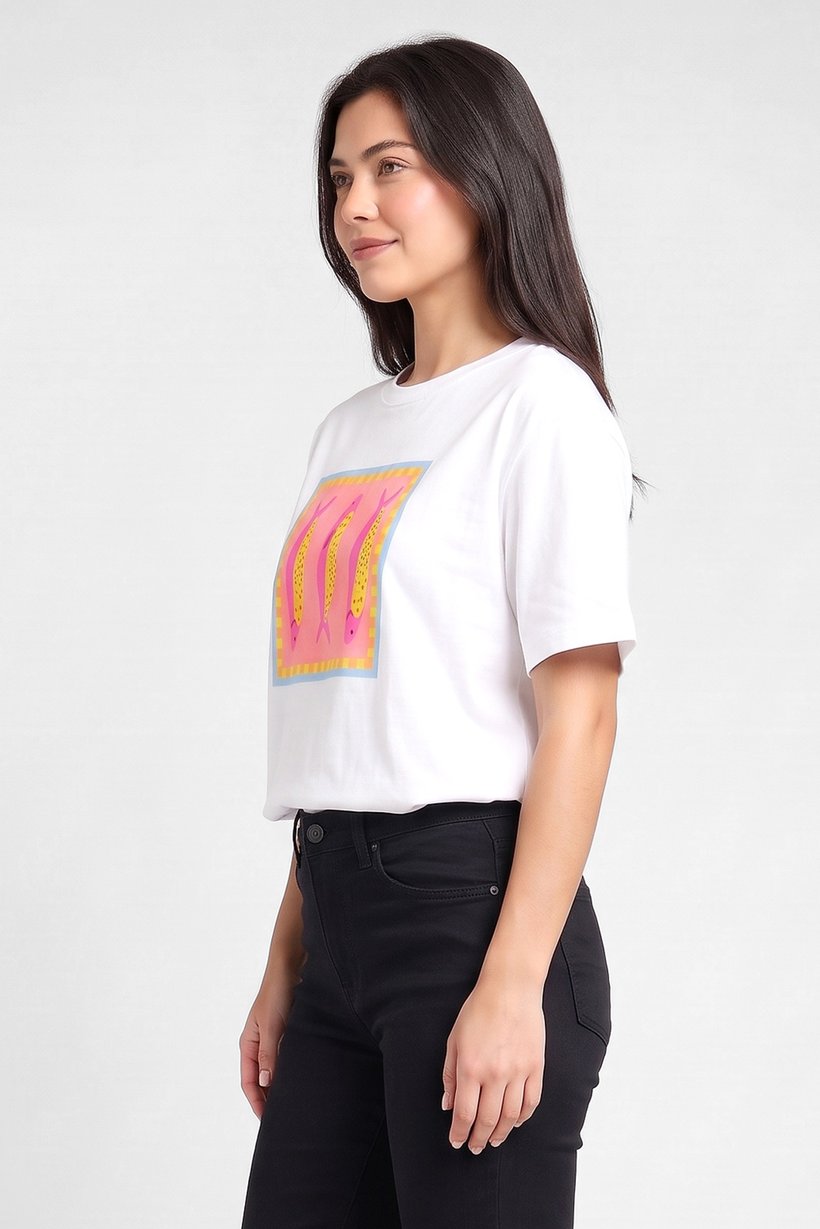 Women Crew Neck Short Sleeve Graphic Print T-Shirt, White