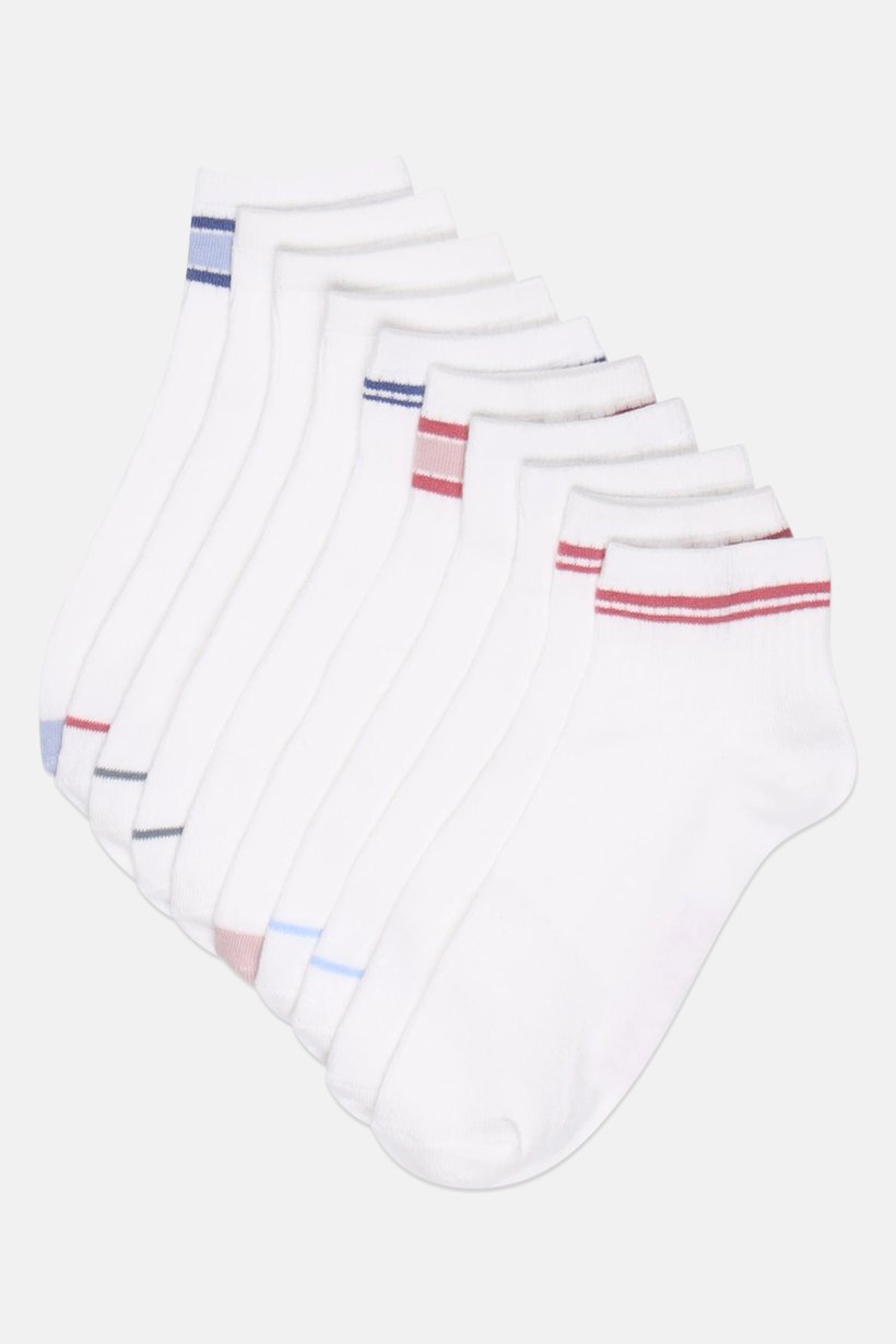 Women 10 Pcs Stripe Quater Socks, White