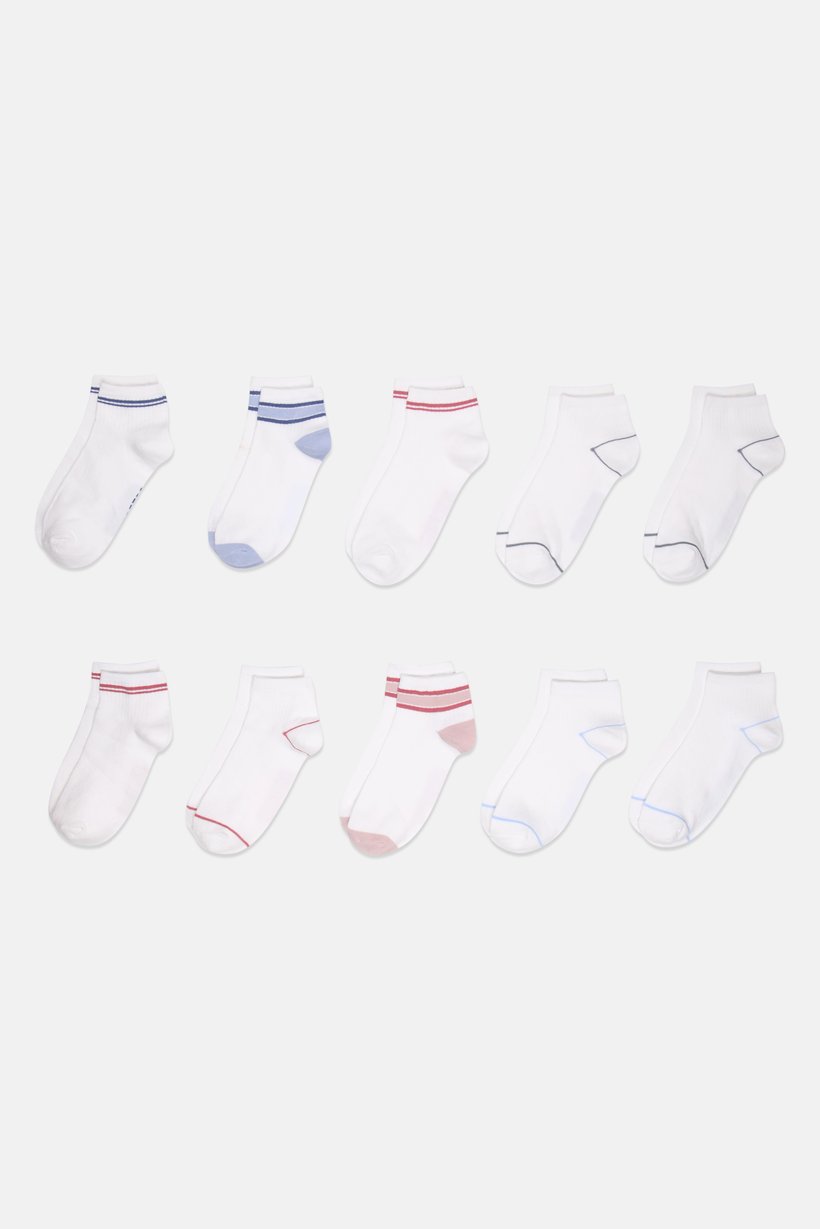 Women 10 Pcs Stripe Quater Socks, White