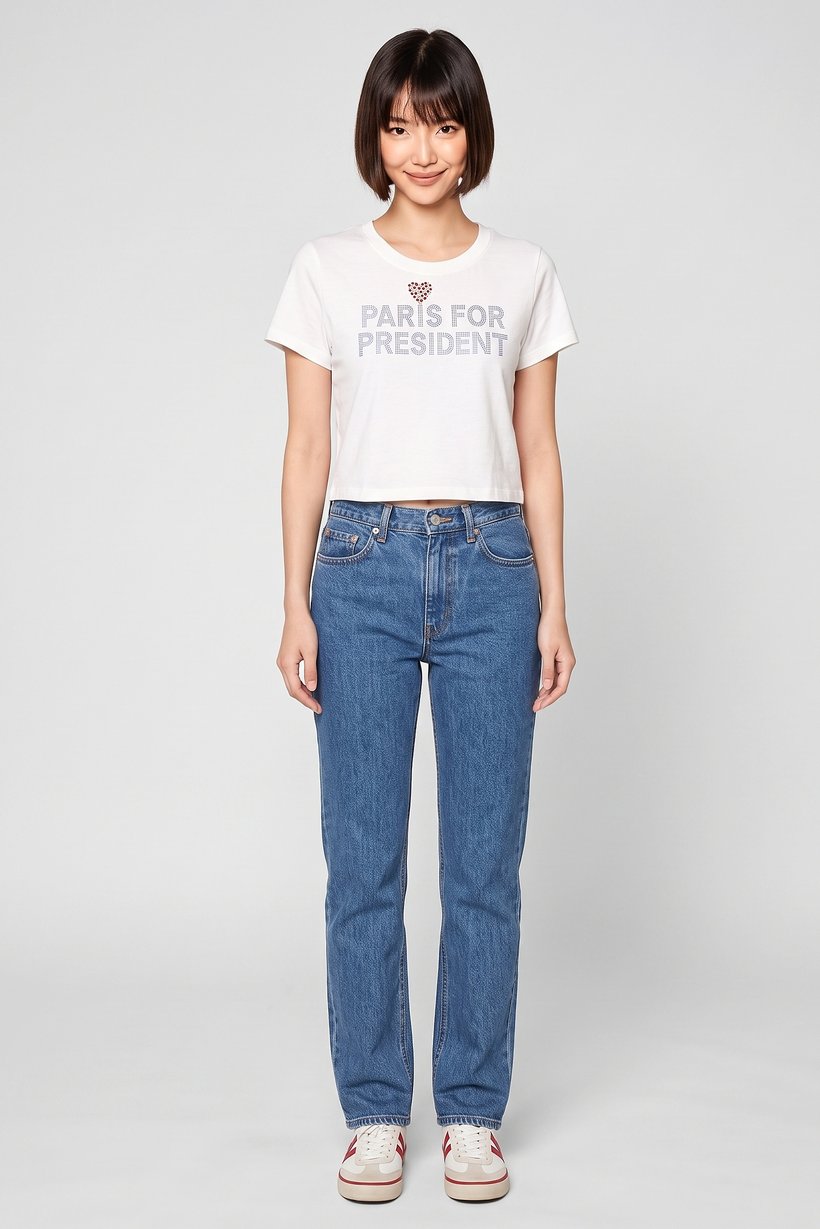 Women Crew Neck Short Sleeve E mbellished T-Shirt, White